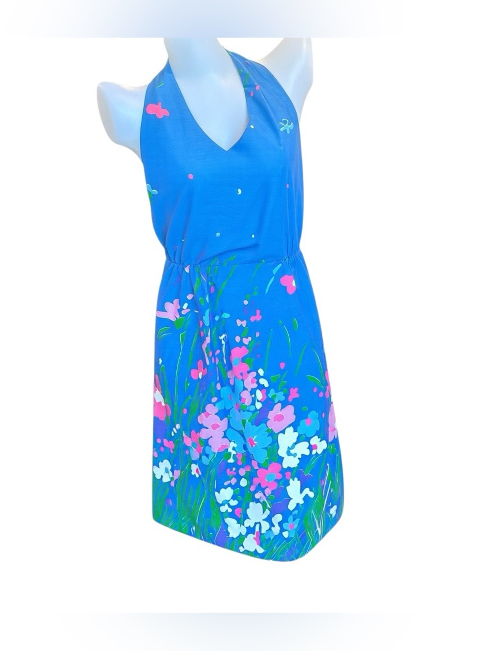 Authentic Vintage 70s Dash Brand Halter Neck Midi Dress Blue Neon Border Print